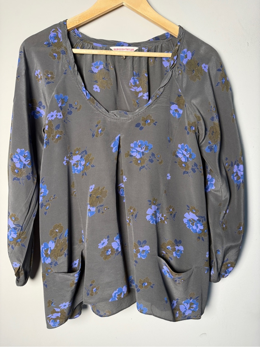 Rebecca Taylor Silk Floral Blouse Gray Blue Boho Prairie Whimsical Pockets Sz 6